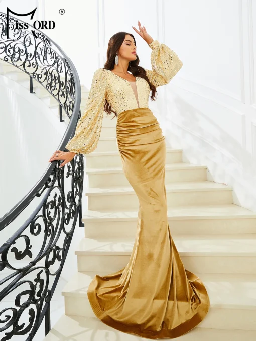 Yellow Velvet Mermaid Evening Dress - Elegant V Neck, Lantern Sleeve - Image 2