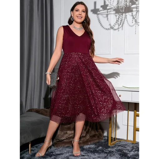 Mesh Splicing Wave Point Plus Size Dress - Elegant Partywear - Image 2