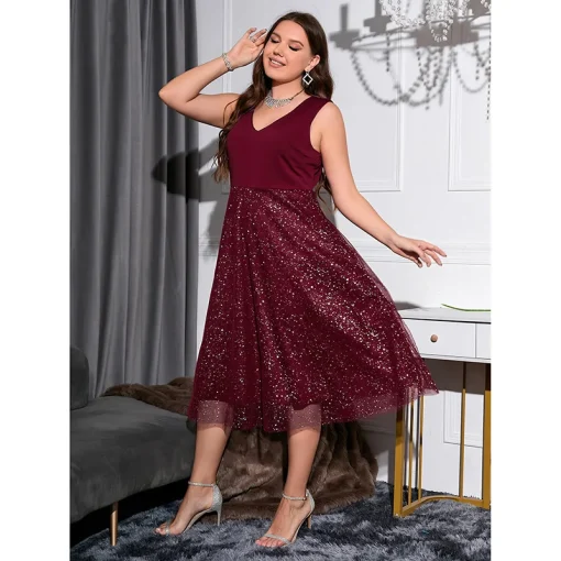 Mesh Splicing Wave Point Plus Size Dress - Elegant Partywear - Image 3