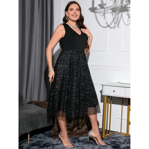 Mesh Splicing Wave Point Plus Size Dress - Elegant Partywear