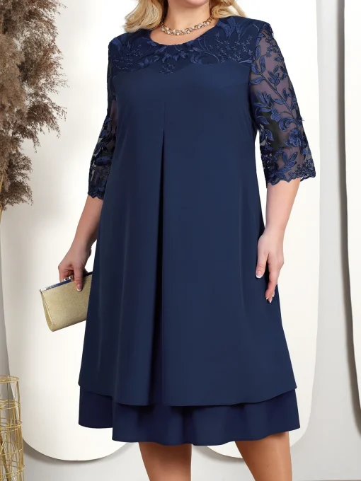 Lace Splicing Evening Dress: Plus Size, Elegant Crew Neck - Image 2