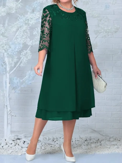 Lace Splicing Evening Dress: Plus Size, Elegant Crew Neck - Image 4