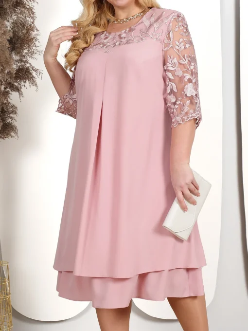 Lace Splicing Evening Dress: Plus Size, Elegant Crew Neck