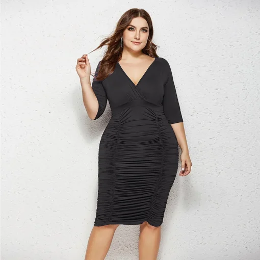 Sexy V Neck Plus Size Dress - High Waist Elegance