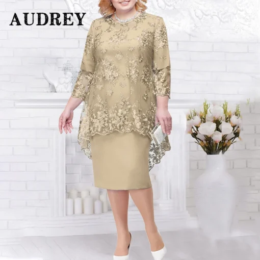 Lace O-neck Midi Dress: Elegant Embroidery, Plus Size 9XL - Image 2