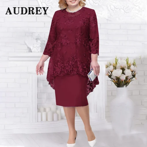 Lace O-neck Midi Dress: Elegant Embroidery, Plus Size 9XL - Image 3