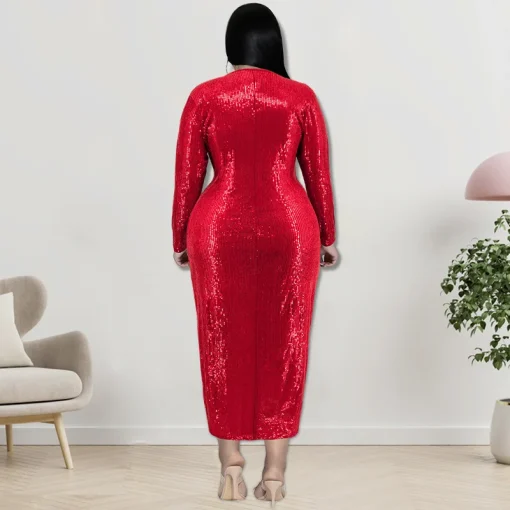 Velvet Sequin Plus Size Party Dress - Elegant V-Neck - Image 2