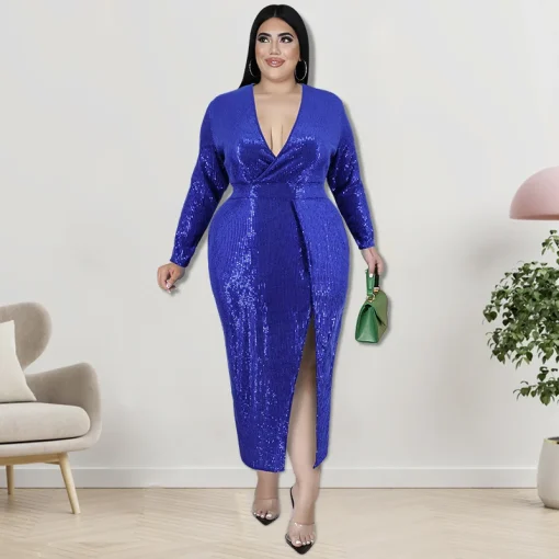 Velvet Sequin Plus Size Party Dress - Elegant V-Neck - Image 3