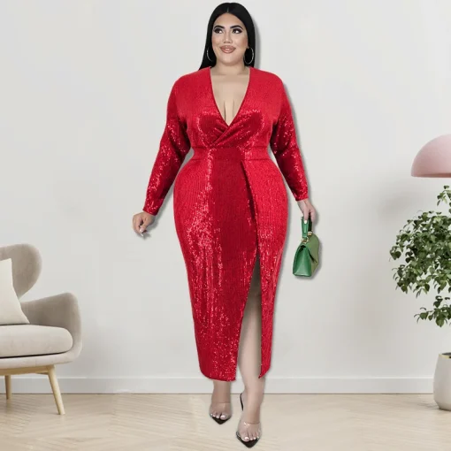 Velvet Sequin Plus Size Party Dress - Elegant V-Neck