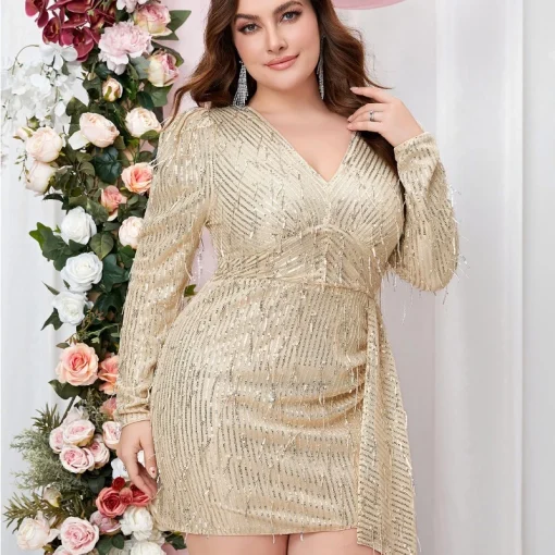 Champagne Sequin Plus Size Dress: V Neck, Tassels, Elegant Chic - Image 5