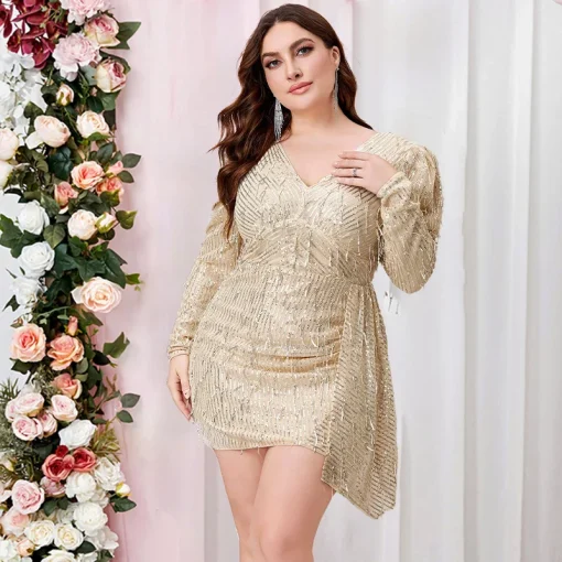 Champagne Sequin Plus Size Dress: V Neck, Tassels, Elegant Chic