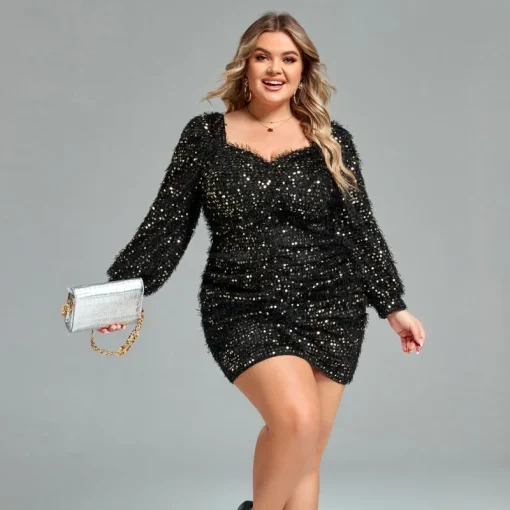 Sequined Plus Size Dress: V Neck, Backless, Elegant Evening Luxury