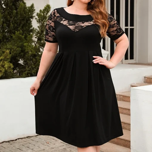 Lace-Trimmed Plus Size Party Dress: Elegant High-Waist, Short Sleeve Chic - Image 3