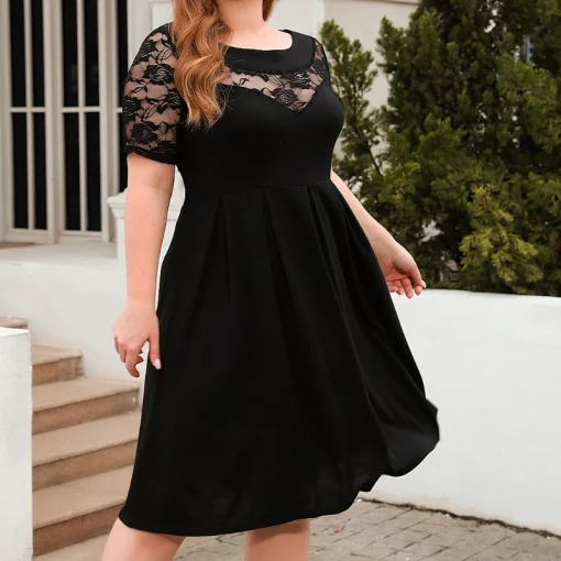 Lace-Trimmed Plus Size Party Dress: Elegant High-Waist, Short Sleeve Chic - Image 5