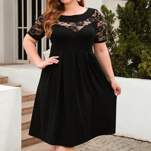 Lace-Trimmed Plus Size Party Dress: Elegant High-Waist, Short Sleeve Chic - Image 6