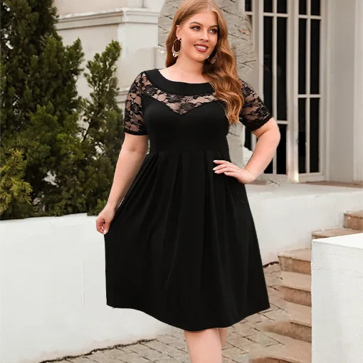 Lace-Trimmed Plus Size Party Dress: Elegant High-Waist, Short Sleeve Chic