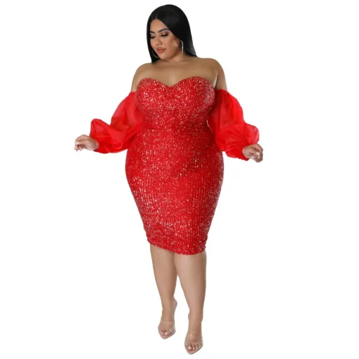 Plus Size Sexy Sequin Mesh Green Evening Party Dress - Image 2