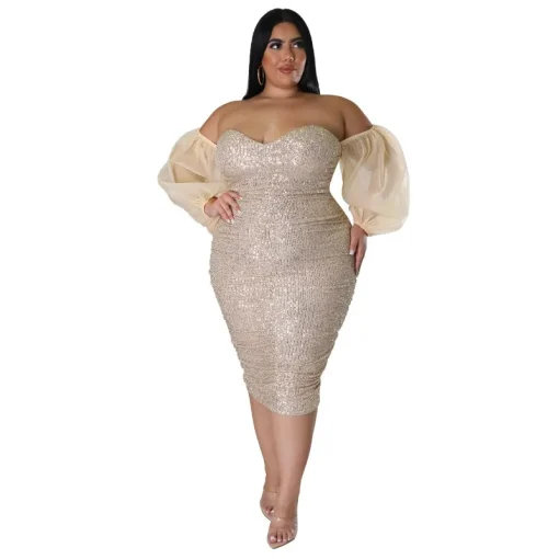 Plus Size Sexy Sequin Mesh Green Evening Party Dress - Image 3