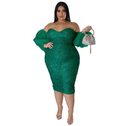 Plus Size Sexy Sequin Mesh Green Evening Party Dress - Image 5