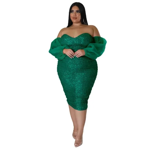 Plus Size Sexy Sequin Mesh Green Evening Party Dress - Image 6