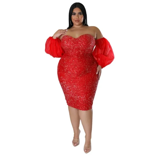 Plus Size Sexy Sequin Mesh Green Evening Party Dress