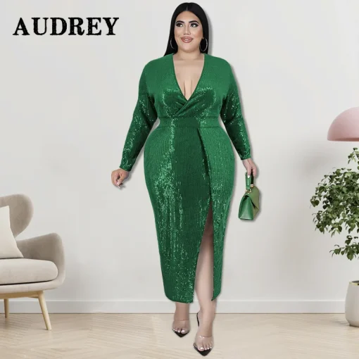 Sexy V-Neck Plus Size Evening Dress: High Slit, Sequined Elegance - Image 2