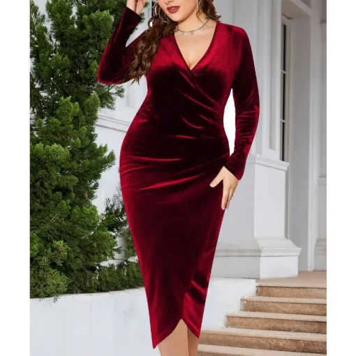 Red Velvet V-Neck Midi Dress: Elegant, Pleated, Plus Size Chic - Image 2