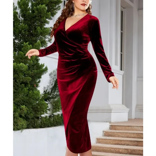 Red Velvet V-Neck Midi Dress: Elegant, Pleated, Plus Size Chic - Image 3