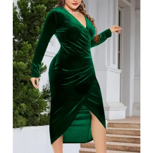 Red Velvet V-Neck Midi Dress: Elegant, Pleated, Plus Size Chic - Image 5