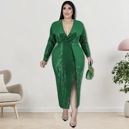 Velvet Sequin Plus Size Dress: Elegant Deep V, Nightclub Fashion