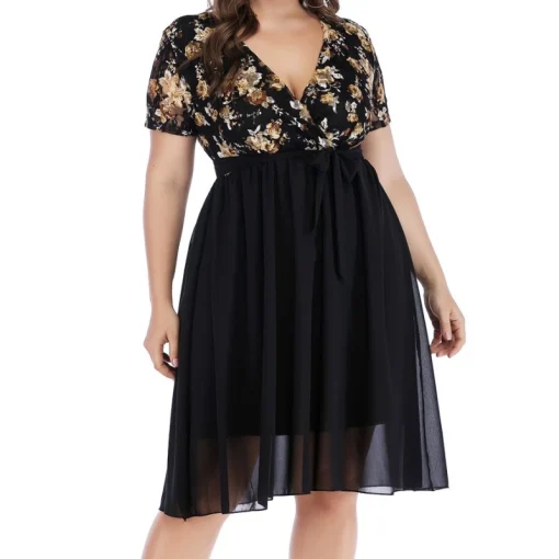 Floral Print Plus Size Dress: V Neck, Lace-Up, Elegant Feminine - Image 2