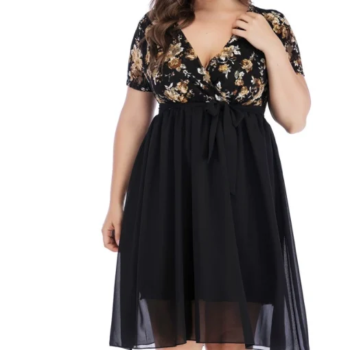 Floral Print Plus Size Dress: V Neck, Lace-Up, Elegant Feminine - Image 3