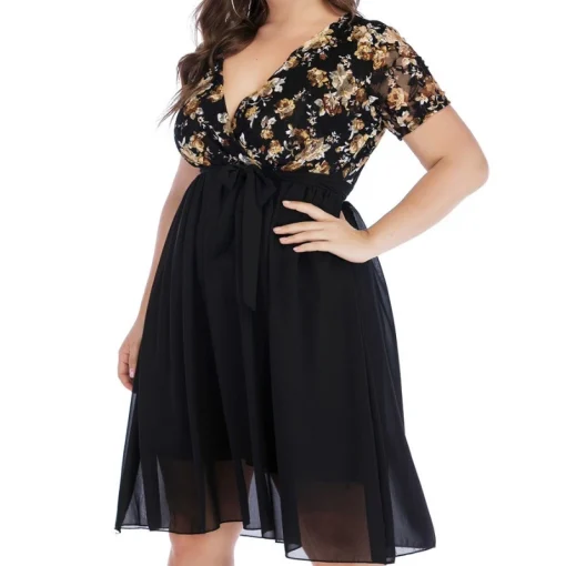 Floral Print Plus Size Dress: V Neck, Lace-Up, Elegant Feminine - Image 4