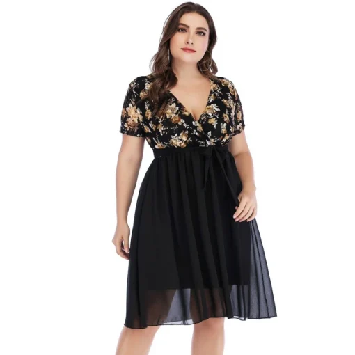 Floral Print Plus Size Dress: V Neck, Lace-Up, Elegant Feminine - Image 5