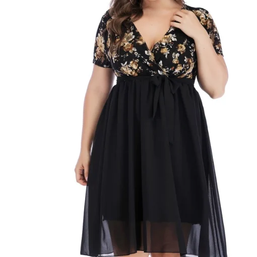 Floral Print Plus Size Dress: V Neck, Lace-Up, Elegant Feminine - Image 6