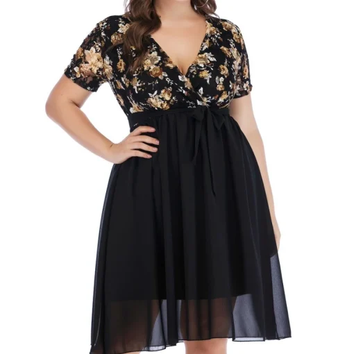 Floral Print Plus Size Dress: V Neck, Lace-Up, Elegant Feminine