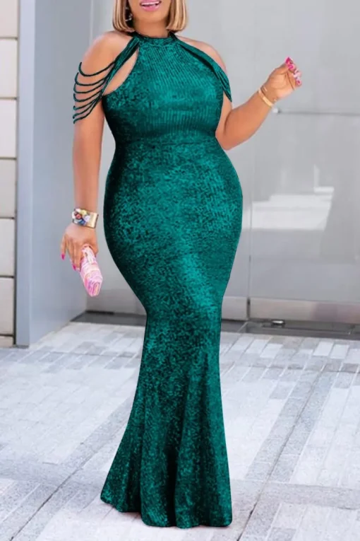 Elegant Sequined Evening Dress: Plus Size, Off-Shoulder, High Waist - Image 5