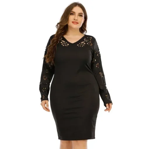 Sexy V Neck Plus Size Black Dress - Elegant Mid-Length - Image 2