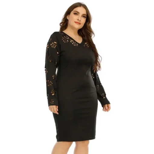 Sexy V Neck Plus Size Black Dress - Elegant Mid-Length