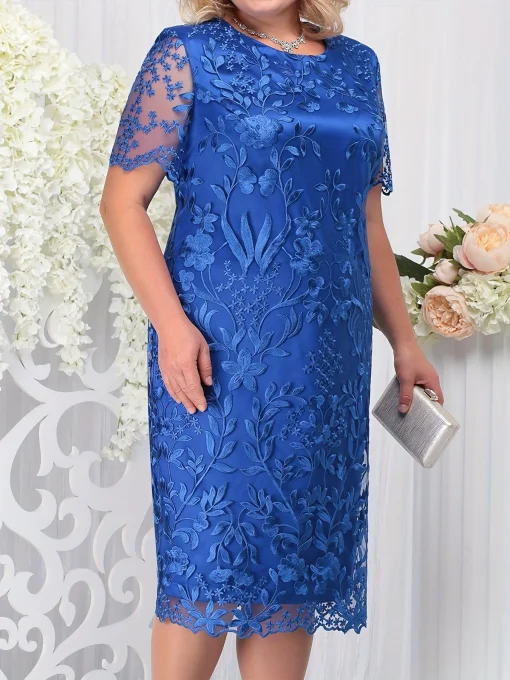 Lace Embroidered Dress: Plus Size, Elegant Crew Neck, High Waist - Image 2