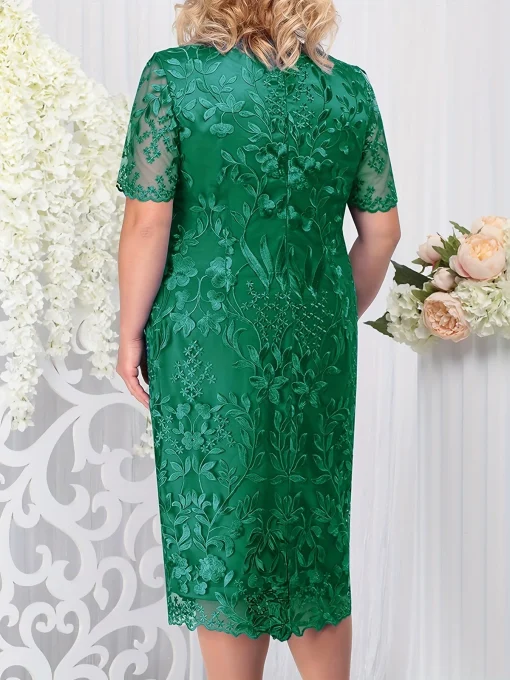 Lace Embroidered Dress: Plus Size, Elegant Crew Neck, High Waist - Image 4