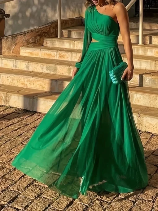 One-Shoulder Mesh Dress: Sexy Plus Size, High Waist, Elegant Green - Image 2