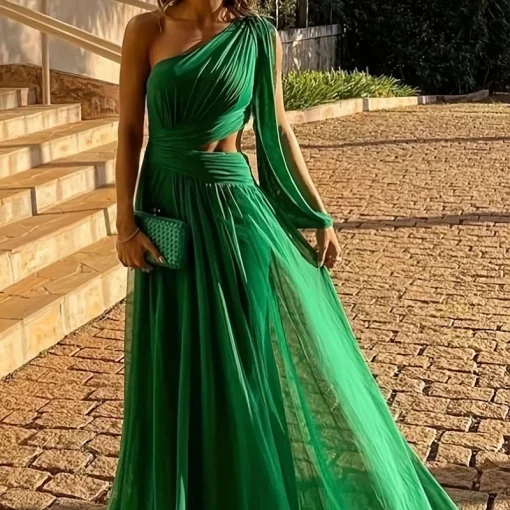 One-Shoulder Mesh Dress: Sexy Plus Size, High Waist, Elegant Green - Image 3