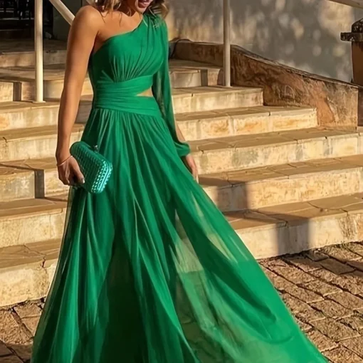 One-Shoulder Mesh Dress: Sexy Plus Size, High Waist, Elegant Green - Image 4