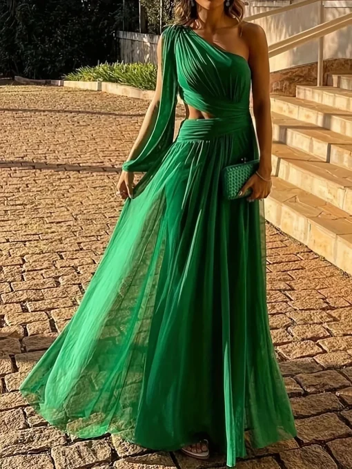 One-Shoulder Mesh Dress: Sexy Plus Size, High Waist, Elegant Green