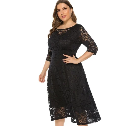 Lace High Waist Evening Dress: Plus Size, Elegant, Crew Neck - Image 2