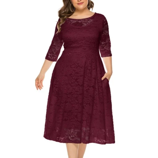 Lace High Waist Evening Dress: Plus Size, Elegant, Crew Neck - Image 3