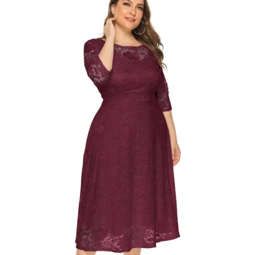 Lace High Waist Evening Dress: Plus Size, Elegant, Crew Neck - Image 4