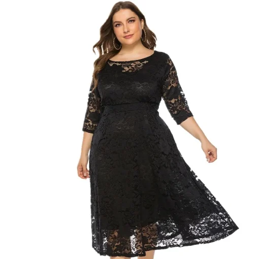 Lace High Waist Evening Dress: Plus Size, Elegant, Crew Neck - Image 5