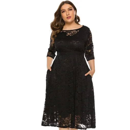 Lace High Waist Evening Dress: Plus Size, Elegant, Crew Neck